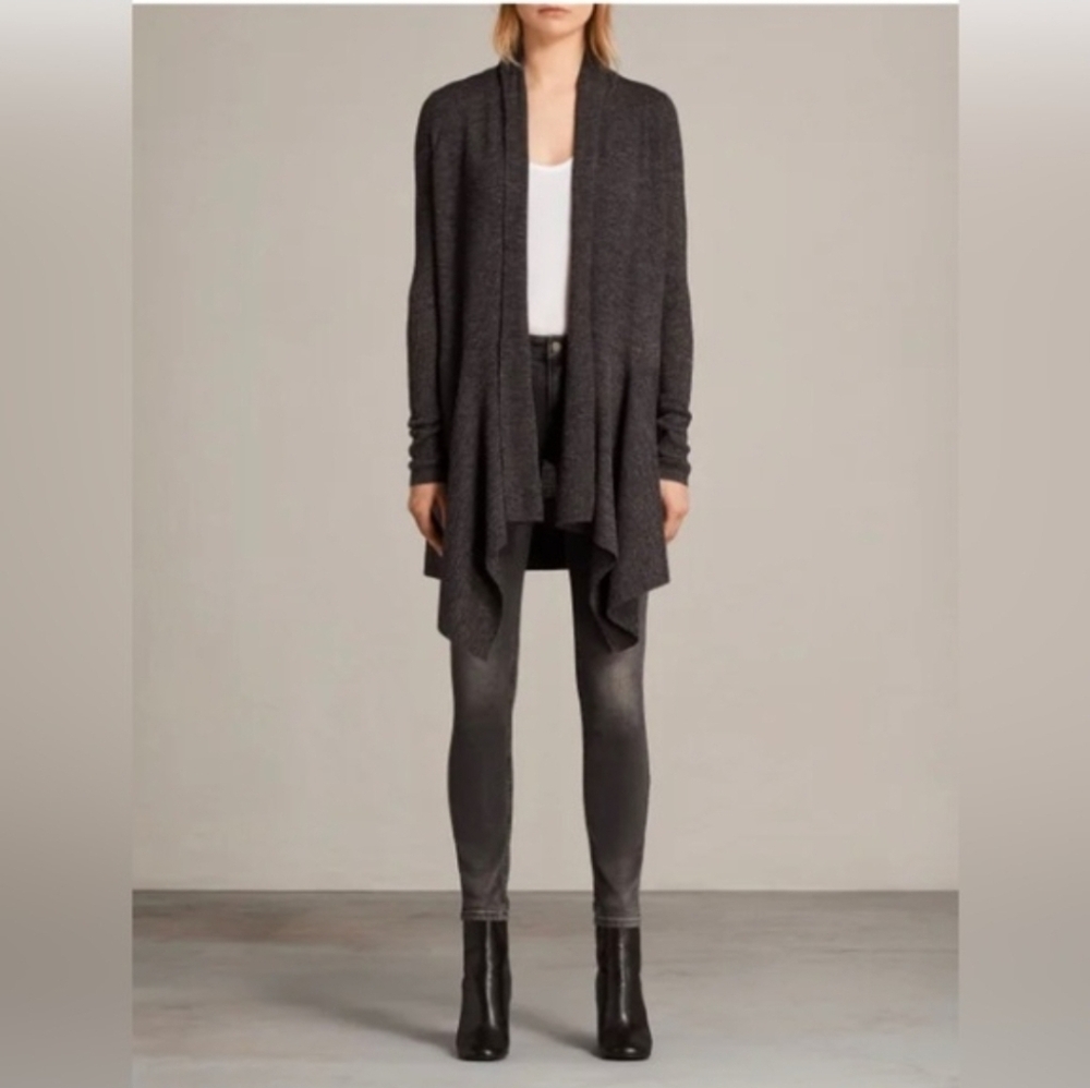 All Saints Keld Open Cascade Front Cardigan Sz S Charcoal Grey